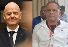 Gianni Infantino félicite le nouveau président de la Fécofoot, Eric Alain Mantot